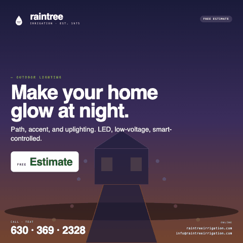 Animated illustration of landscape lighting at dusk