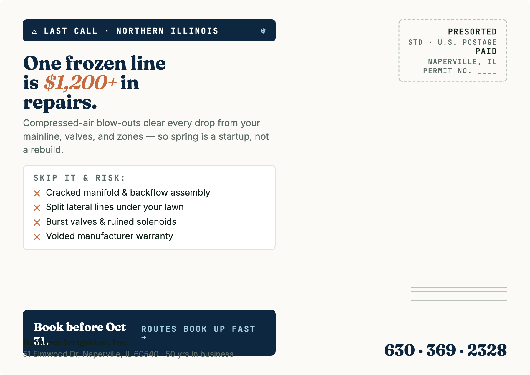 Raintree fall service postcard — back
