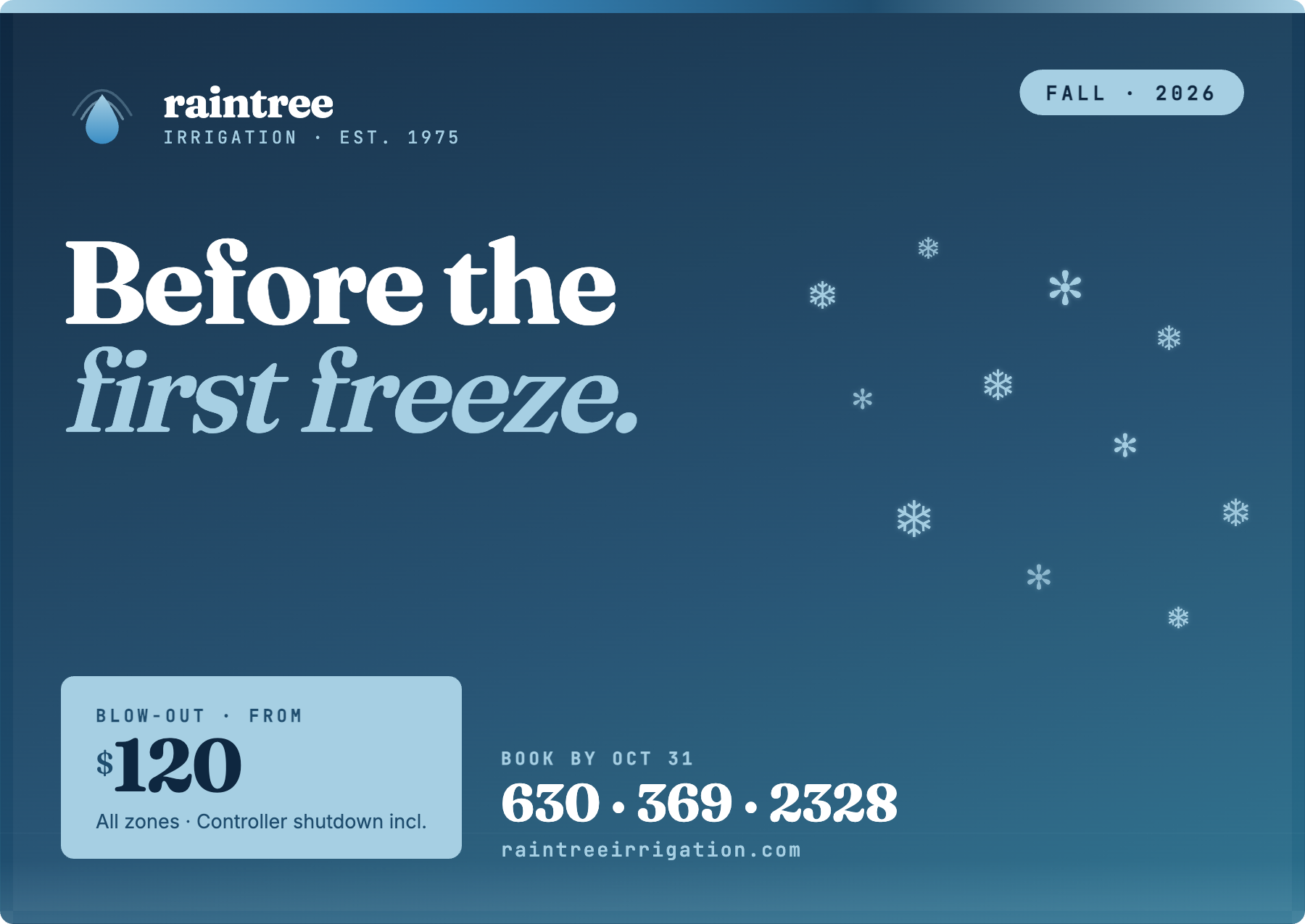 Raintree fall service postcard — front