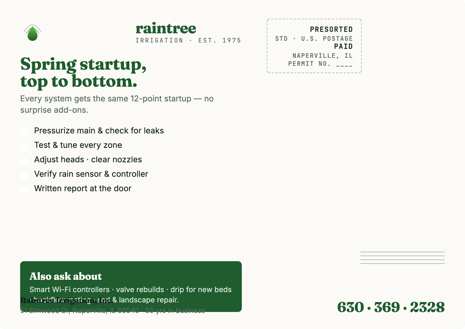Raintree spring service postcard — back